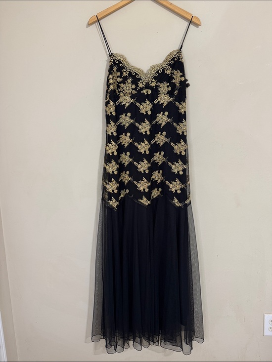 Betsey Johnson Dresses & Skirts - Y2K Betsey Johnson Evening Black & Gold Floral Lace Dress size 12 Whimsigoth